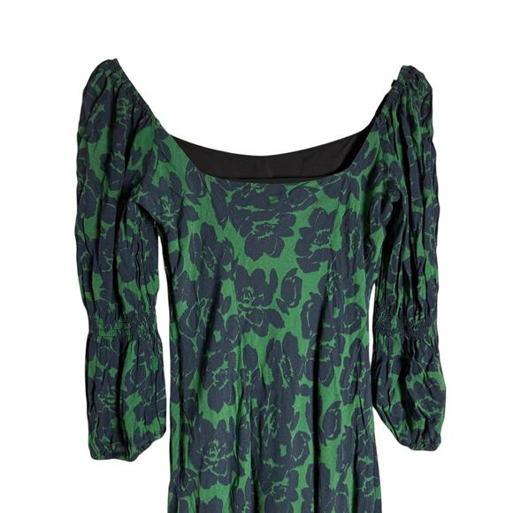 Peter Som Green Floral Print Crepe Long Sleeve Square Neck Midi Dress Size 6 - Picture 13 of 16